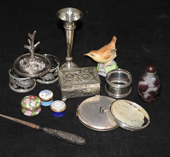 A group of assorted small silver, a Chinese snuff bottle and four enamelled boxes